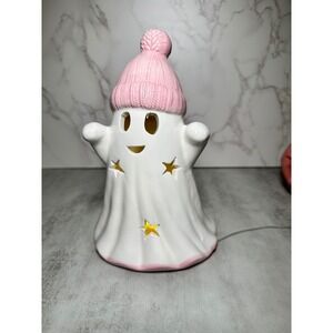 Glamorous  Ghost Decor Light Up Halloween Decoration with Pink Knit Hat